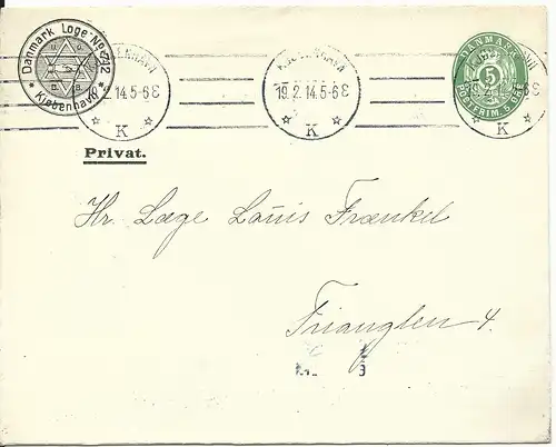Dänemark 1914, 5 öre Ganzsache Brief m. Danmark Loge No.712 Judaika Zudruck