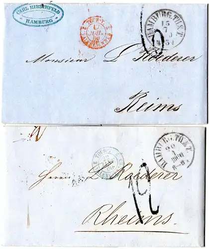 Taxis 1860, HAMBURG.TH.&T. auf 2 Briefen n. Frankreich m. versch. Portostempeln