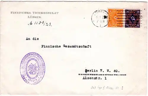 DR 1923, 5+20 Mk. auf Finnland Konsulats Brief v. Lübeck n. Berlin