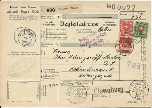 Schweiz 1933, Paketkarte m. 3 Marken v. Erlenbach Zürich n. Dänemark. 