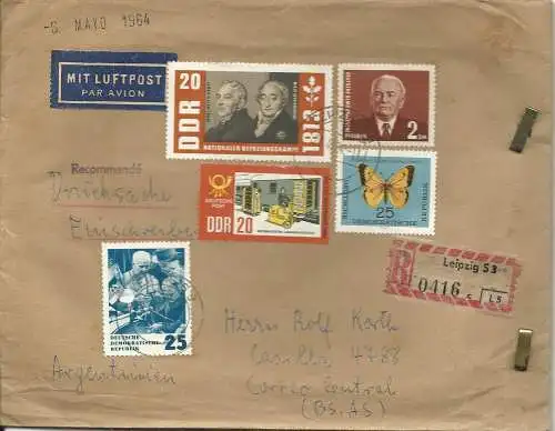 DDR  1964, 5 Marken auf Reko Luftpost Drucksache v. Leipzig n. Argentinien