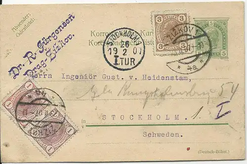 Österreich 1907, Paar 1+3 H. Zus.fr. auf 5 H. Ganzsache v. Zizkov n. Schweden.
