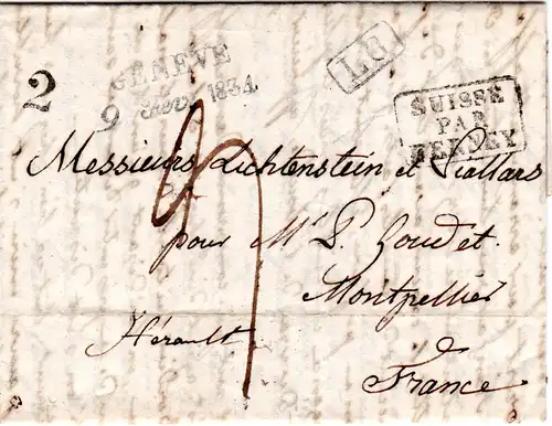 Schweiz 1834, Geneve u. LG auf Porto Brief Suisse par Fernay n. Frankreich
