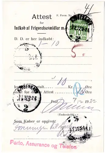 Dänemark 1922, 10 öre auf Postformular Quittung v. Kopenhagen