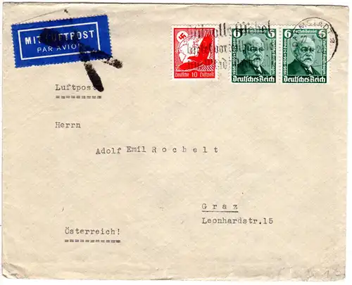 DR 1936, 10+2x6 Pf. auf Brief v. Darmstadt n. Graz m. Luftpostannullierungsstpl.