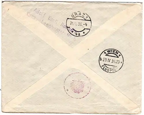 DR 1936, 10+2x6 Pf. auf Brief v. Darmstadt n. Graz m. Luftpostannullierungsstpl.