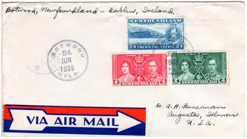 Neufundland 1939, 3 Marken auf Erstflug Brief v. Botwood n. Irland