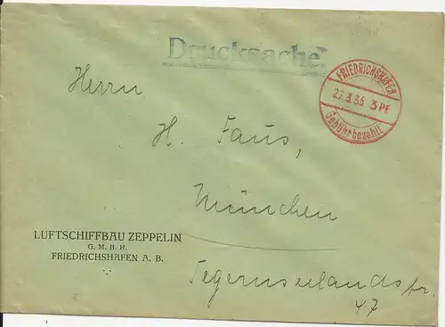 DR 1935, Zeppelin Brief Umschlag m. Friedrichshafen Gebühr bezahlt Stpl.