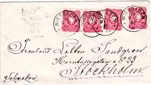 DR 1886, 4x10 Pf. auf schönem Brief v. WIESBADEN n. Schweden.