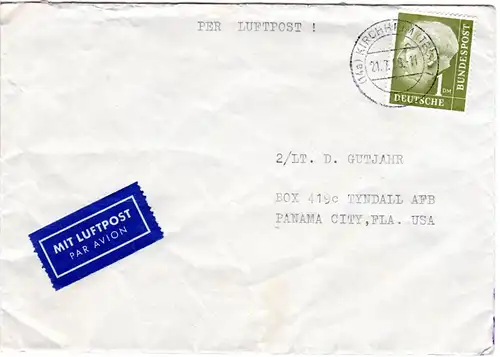 BRD 1959, EF 1 Mk. Heuss auf Luftpot Brief v. Kirchheim / Teck n. Panama!