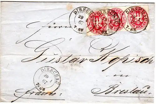 Preussen 1867, 3x1 SGr. auf Brief v. DIRSCHAU n. Breslau