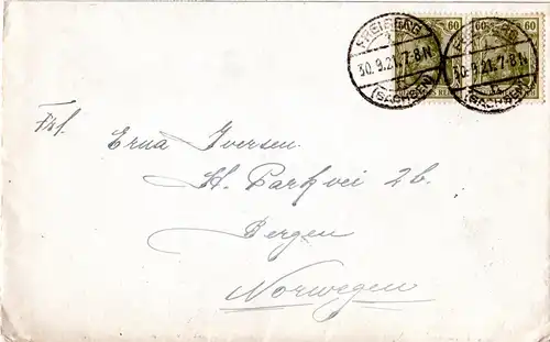 DR 1921, MeF Paar 60 Pf. grün auf Brief v. Freiberg (Sachsen) n. Norwegen