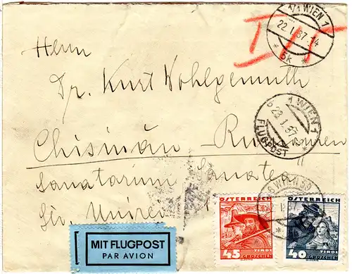 Österreich 1937, 40+45 G. auf Luftpost Brief v. Wien n. Rumänien
