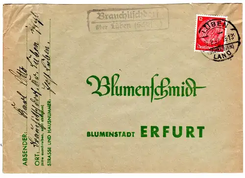 DR 1937, Landpost Stpl. BRAUCHITSCHDORF über Lüben auf Brief m. 12 Pfg.