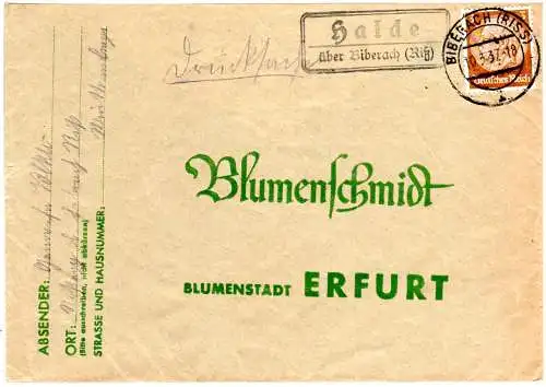 DR 1937, Landpost Stpl. HALDE über Biberach (Riß) auf  Brief m. 3 Pf.