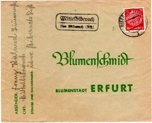 DR 1937, Landpost Stpl. MITTELBIBERACH über Biberach auf  Brief m. 12 Pf