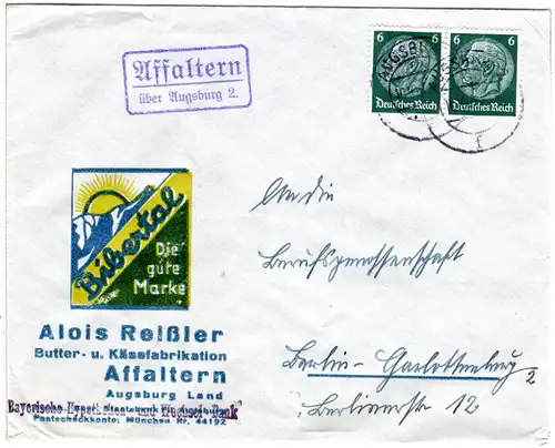 DR 1937, Landpost Stpl. AFFALTERN über Augsburg 2 auf Firmen Brief m. 2x6 Pf. 