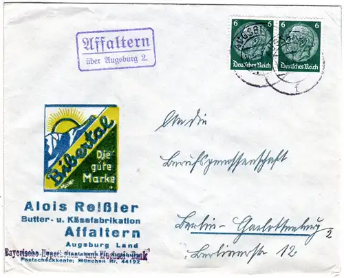 DR 1937, Landpost Stpl. AFFALTERN über Augsburg 2 auf Firmen Brief m. 2x6 Pf.