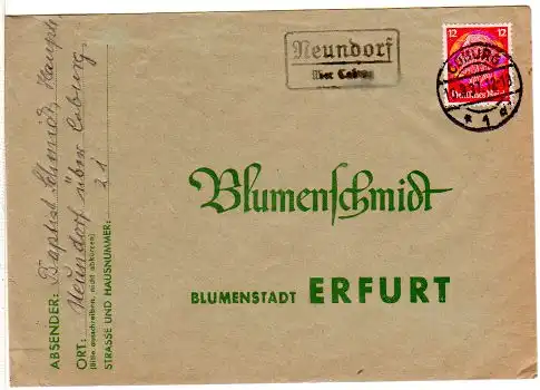 DR 1937, Landpost Stpl. NEUNDORF über Coburg auf Brief m. 12 Pfg. 