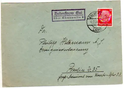 DR 1938, Landpost Stpl. HOHENFINOW GUT über Eberswalde 2 auf Brief m. 12 Pfg. 