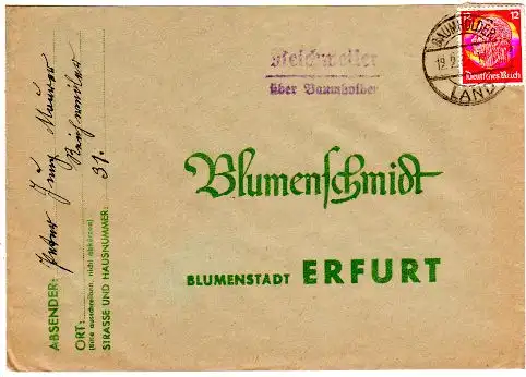 DR 1937, Landpost Stpl. REICHWEILER über Baumholder auf Brief m. 12 Pfg. 