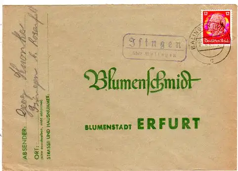 DR 1937, Landpost Stpl. ISINGEN über Balingen auf Brief m. 12 Pfg.