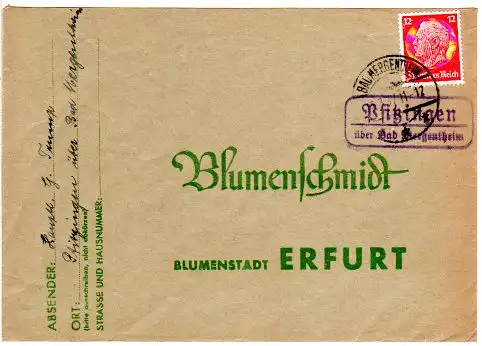 DR 1937, Landpost Stpl. PFITZINGEN über Bad Mergentheim auf Brief m. 12 Pfg. 
