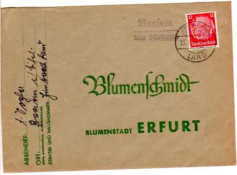 DR 1937, Landpost Stpl. BAASEM über Jünkerath auf Brief m. 12 Pfg. 