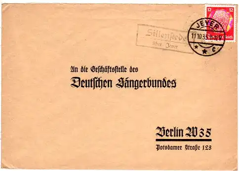 DR 1935, Landpost Stpl. SILLENSTEDE über Jever auf Brief m. 12 Pfg. 