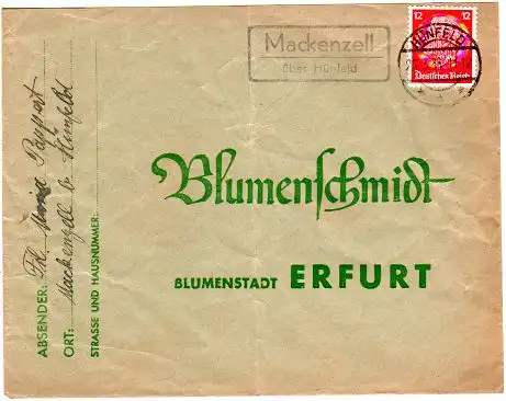 DR 1936, Landpost Stpl. MACKENZELL über Hünfeld auf Brief m. 12 Pfg. 