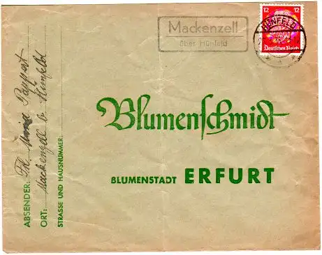 DR 1936, Landpost Stpl. MACKENZELL über Hünfeld auf Brief m. 12 Pfg.