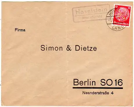 DR 1933, Landpost Stpl. HASELSTEIN über Hünfeld auf Brief m. 12 Pfg. 