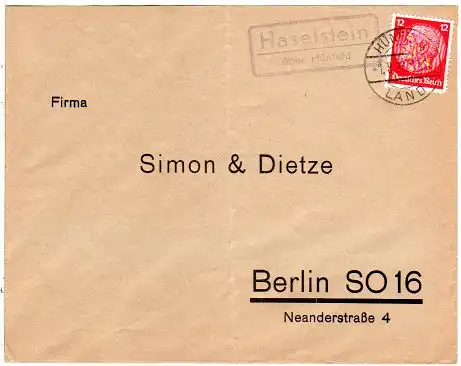 DR 1933, Landpost Stpl. HASELSTEIN über Hünfeld auf Brief m. 12 Pfg.