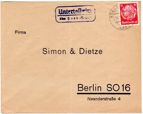 DR 1933, Landpost Stpl. UNTERTALHEIM über Horb auf Brief m. 12 Pfg. 