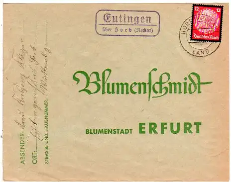 DR 1935, Landpost Stpl. EUTINGEN über Horb auf Brief m. 12 Pfg.