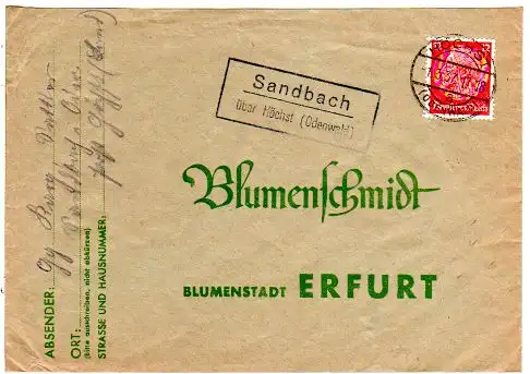 DR 1937, Landpost Stpl. SANDBACH über Höchst (Odenwald) auf Brief m. 12 Pf.