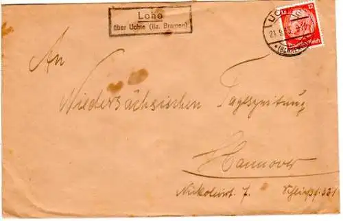 DR 1933, Landpost Stpl. LOHE über Uchte (Bz. Bremen) auf Brief m. 12 Pf.