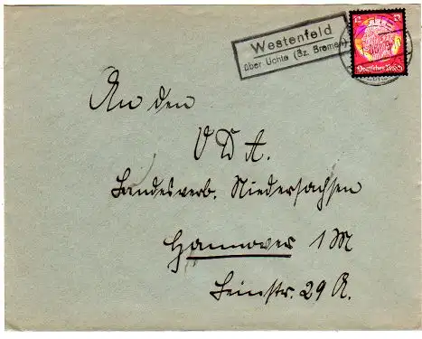 DR 1935, Landpost Stpl. WESTENFELD über Uchte (Bz. Bremen) auf Brief m. 12 Pf.
