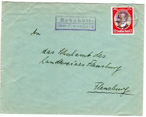 DR 1934, Landpost Stpl. SCHOBÜLL über Flensburg auf Brief m. 12 Pf.