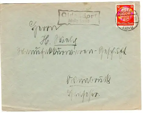 DR 1933, Landpost Stpl. OLDENDORF über Melle auf Brief m. 12 Pf.