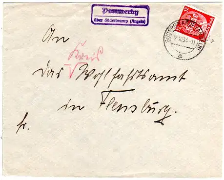 DR 1934, Landpost Stpl. POMMERBY über Süderbarup auf Brief m. 12 Pf.