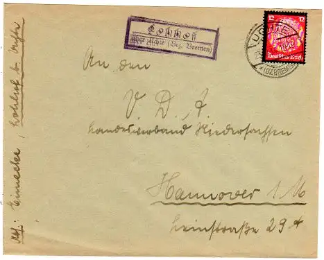 DR 1934, Landpost Stpl. LOHHOF über Uchte (Bz. Bremen) auf Brief m. 12 Pf.