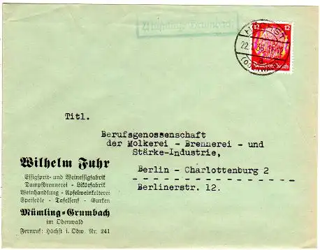 DR 1936, Landpost Stpl. MÜMLING-GRUMBACH auf Firmen Brief m. Stpl. Höchst