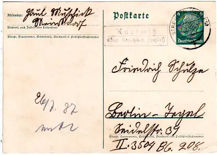 DR 1937, Landpost Stpl. KURTWITZ über Strehlen auf 6 Pf. Ganzsache