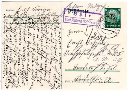 DR 1939, Landpost Stpl. SPIE über Kolberg auf 6 Pf. Ganzsache