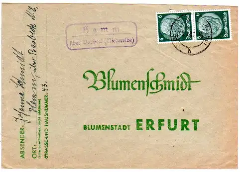 DR 1937, Landpost Stpl. HEMM über Basbeck auf Brief m. 2x6 Pf.