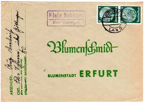 DR 1937, Landpost Stpl. KLEIN SCHNEEN über Göttingen auf Brief m. 2x6 Pf.