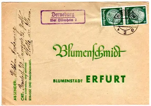 DR 1937, Landpost Stpl. DERNEBURG über Hildesheim 2 auf Brief m. 2x6 Pf.