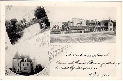 Schweden, Helsning fran Lingaker with Railway Station, 1900 gebr. sw-AK