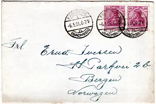 DR 1921, MeF Paar 60 Pf. violett auf Brief v. Freiberg (Sachsen) n. Norwegen